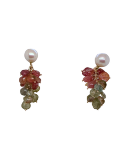 14K Gold Cultured Pearl & Multi-Color Tourmaline Cluster Drop Earrings | Estate Fine Jewelry