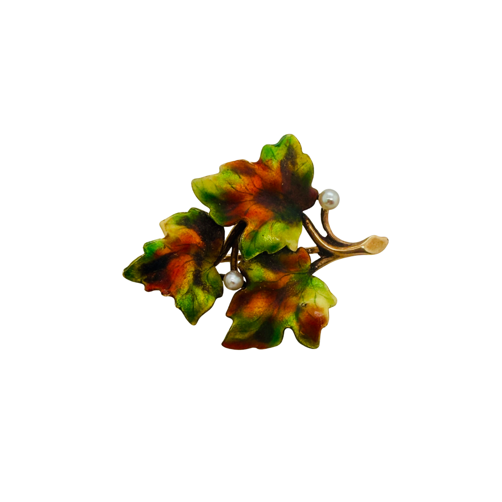 14K Gold Antique Art Nouveau Enamel & Seed Pearl Leaf Brooch