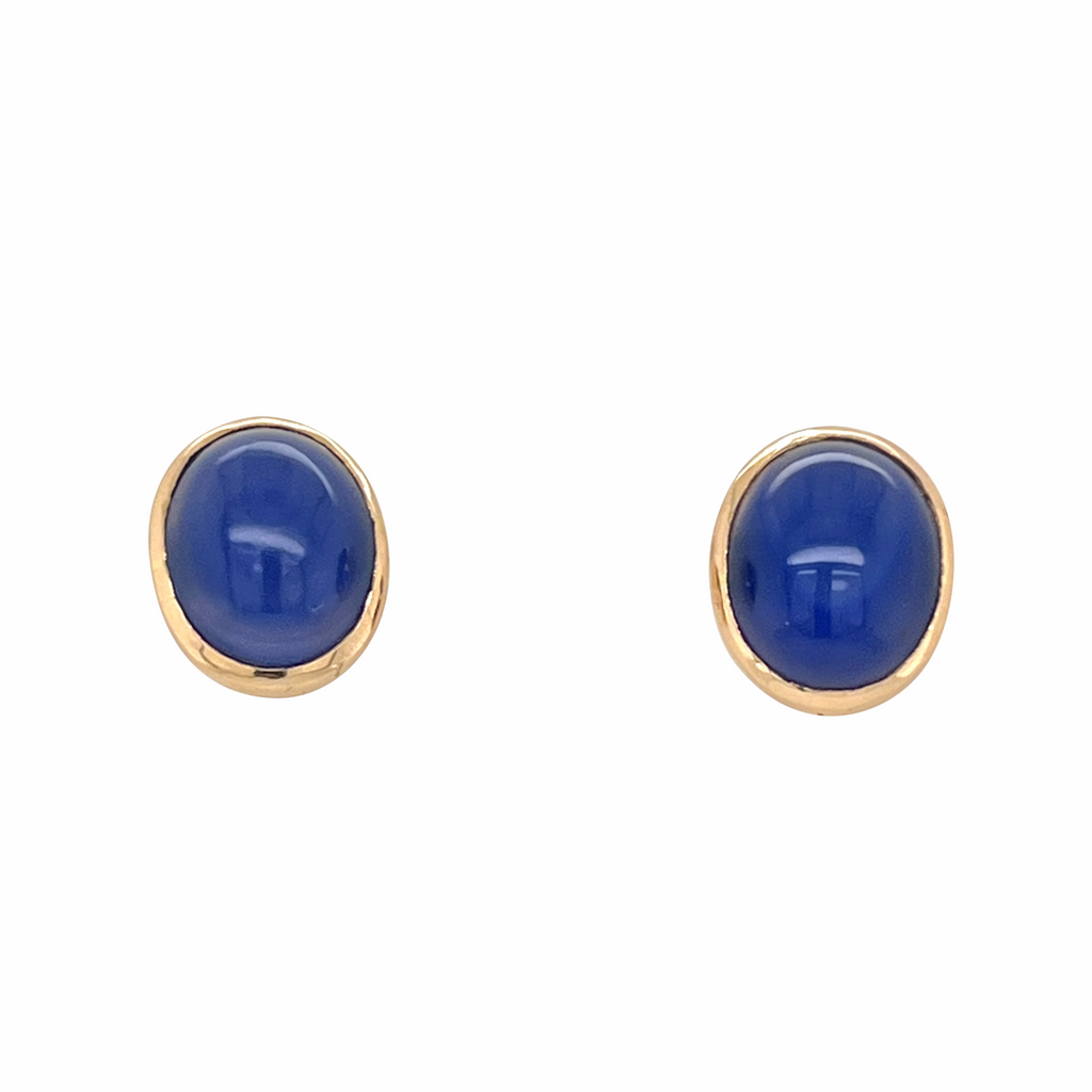 View of pair 14K Gold Blue Chalcedony Pierced Post Earrings