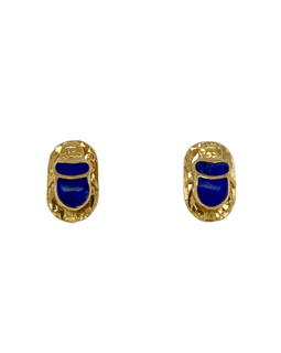 Pair of gold earrings with blue stones on a white background