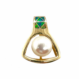 14K Gold Pendant with Large Pearl and Opals front view