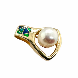 14K Gold Pendant with Large Pearl and Opals side view