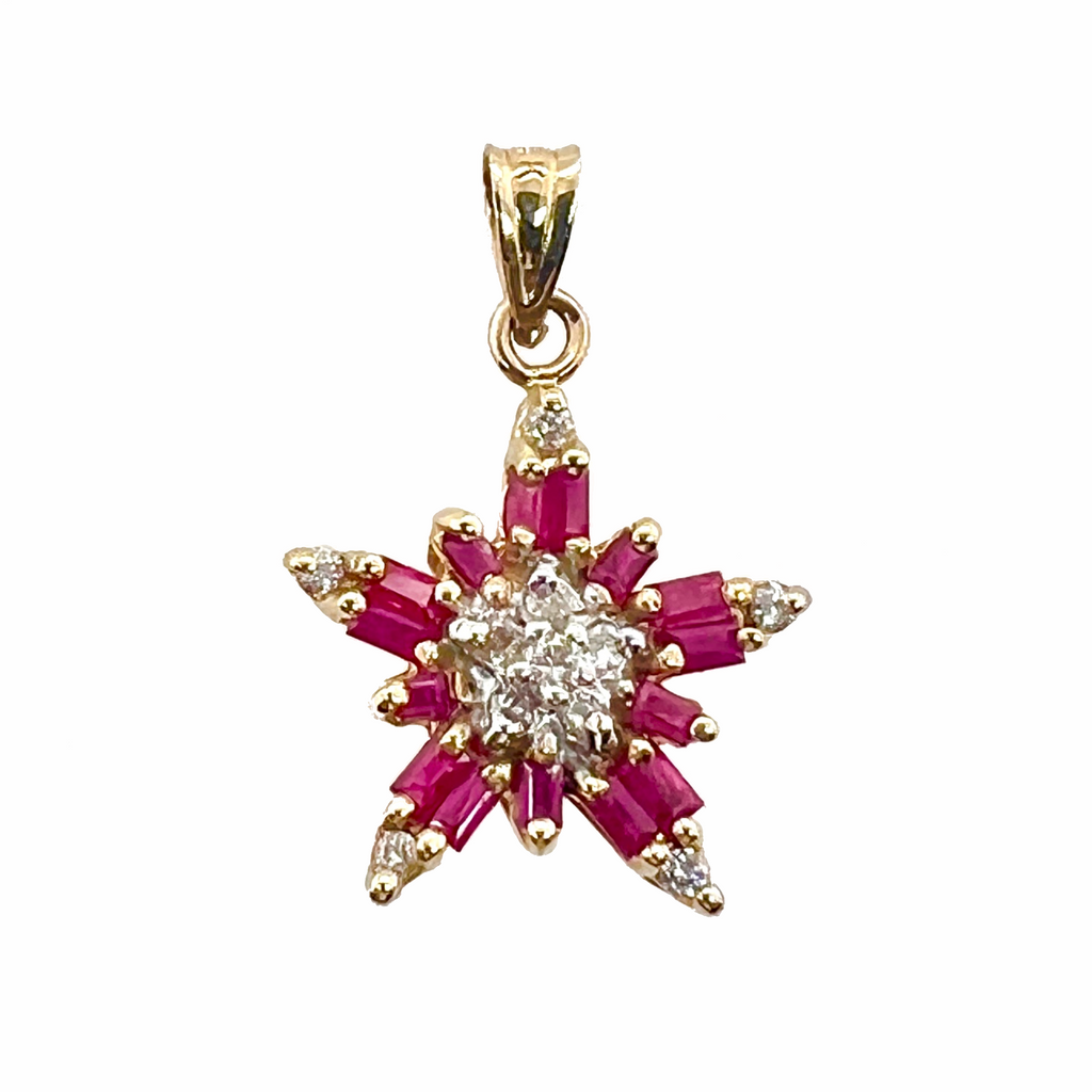 14K Gold Ruby and Diamond Star Pendant closeup of pendant