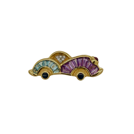 18K gold vintage car brooch with diamonds aquamarine and amethyst