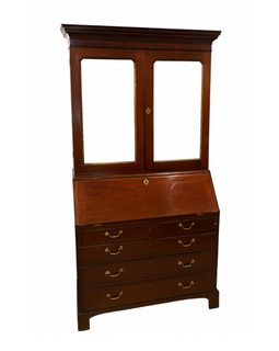 Wooden cabinet with glass doors and drawers on a white background