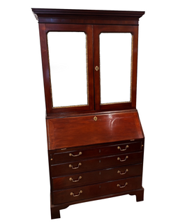 Wooden secretary desk with glass panels on a white background