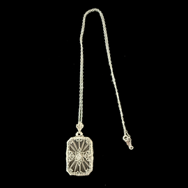 Art Deco White Gold Rock Crystal Filigree Pendant on Chain
