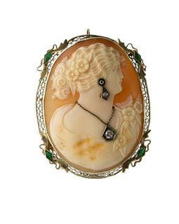 1920s Art Deco 14k White Gold Emerald Diamond Cameo Pin Pendant front view