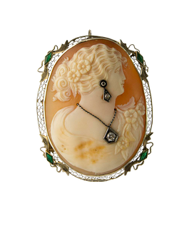 1920s Art Deco 14k White Gold Emerald Diamond Cameo Pin Pendant another front view