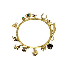 19th Century Victorian Repurposed Stick Pin Charm Bangle Bracelet With Gemstones , 14K And 10K Charms