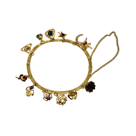 19th Century Victorian Repurposed Stick Pin Charm Bangle Bracelet With Gemstones , 14K And 10K Charms
