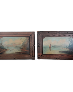 19th‑century Adirondack landscape painting pair in carved walnut frames