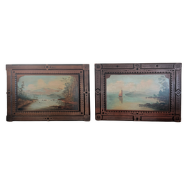 19th‑century Adirondack landscape painting pair in carved walnut frames