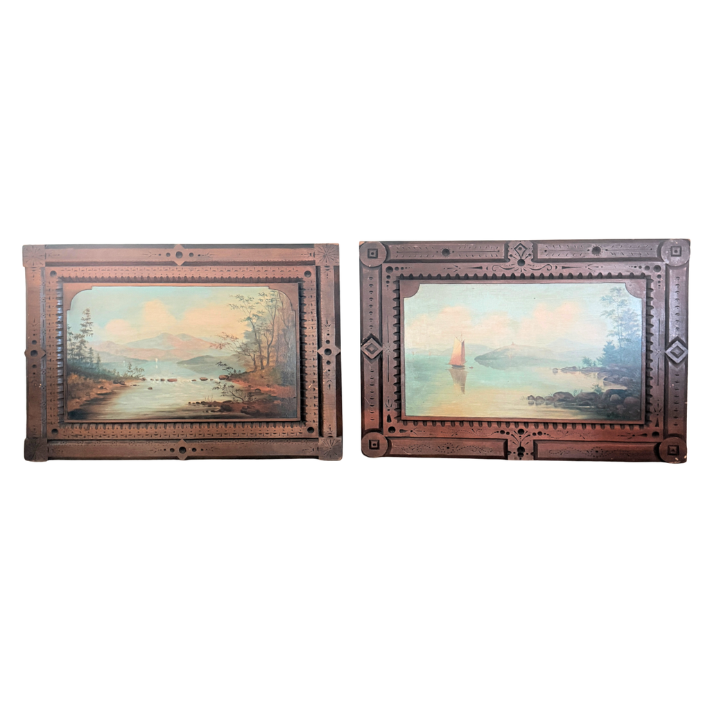 Antique Oil on Panel 19th C Adirondack Landscape Paintings Pair in Walnut Frames