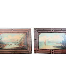 Antique Oil on Panel 19th C Adirondack Landscape Paintings Pair in Walnut Frames