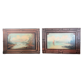 Antique Oil on Panel 19th C Adirondack Landscape Paintings Pair in Walnut Frames