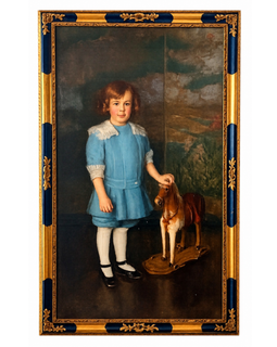 Adele Herter portrait of child with pull toy horse, oil on canvas