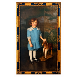 Adele Herter portrait of child with pull toy horse, oil on canvas