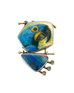 Ali Wieboldt 14K Gold & Sterling Painted Parrot Pin Opal & Moonstones full front view