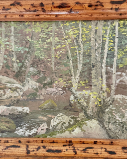 American impressionist forest creek painting oil on board