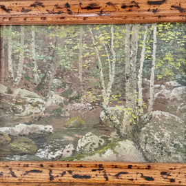 American impressionist forest creek painting oil on board