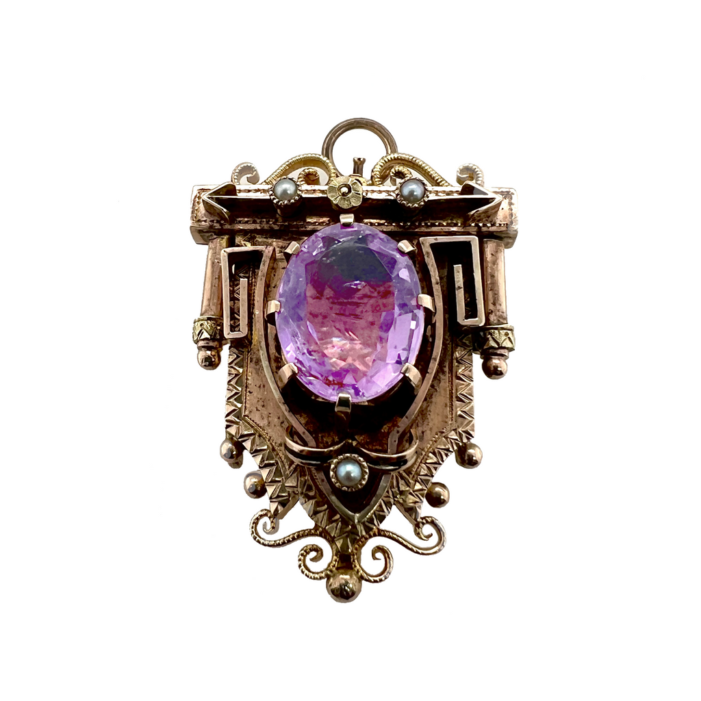 Victorian 14K Gold Amethyst & Seed Pearl Pendant / Watch Pin Brooch