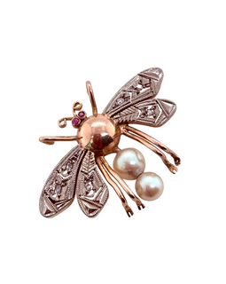 Antique 14K Rose and White Gold Bee Pin with Ruby Eyes, Diamonds & Pearls