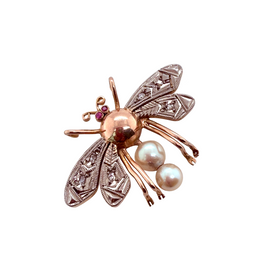 Antique 14K Rose and White Gold Bee Pin with Ruby Eyes, Diamonds & Pearls