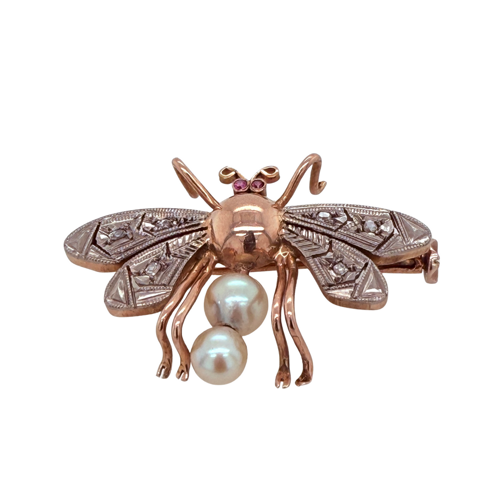 Antique 14K Rose and White Gold Bee Pin with Ruby Eyes, Diamonds & Pearls