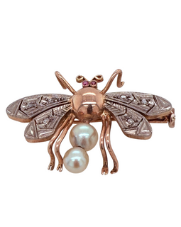 Antique 14K Rose and White Gold Bee Pin with Ruby Eyes, Diamonds & Pearls
