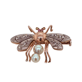 Antique 14K Rose and White Gold Bee Pin with Ruby Eyes, Diamonds & Pearls