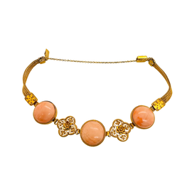 Antique 14K gold Etruscan Style bracelet with filigree quatrefoil medallions and coral cabochons