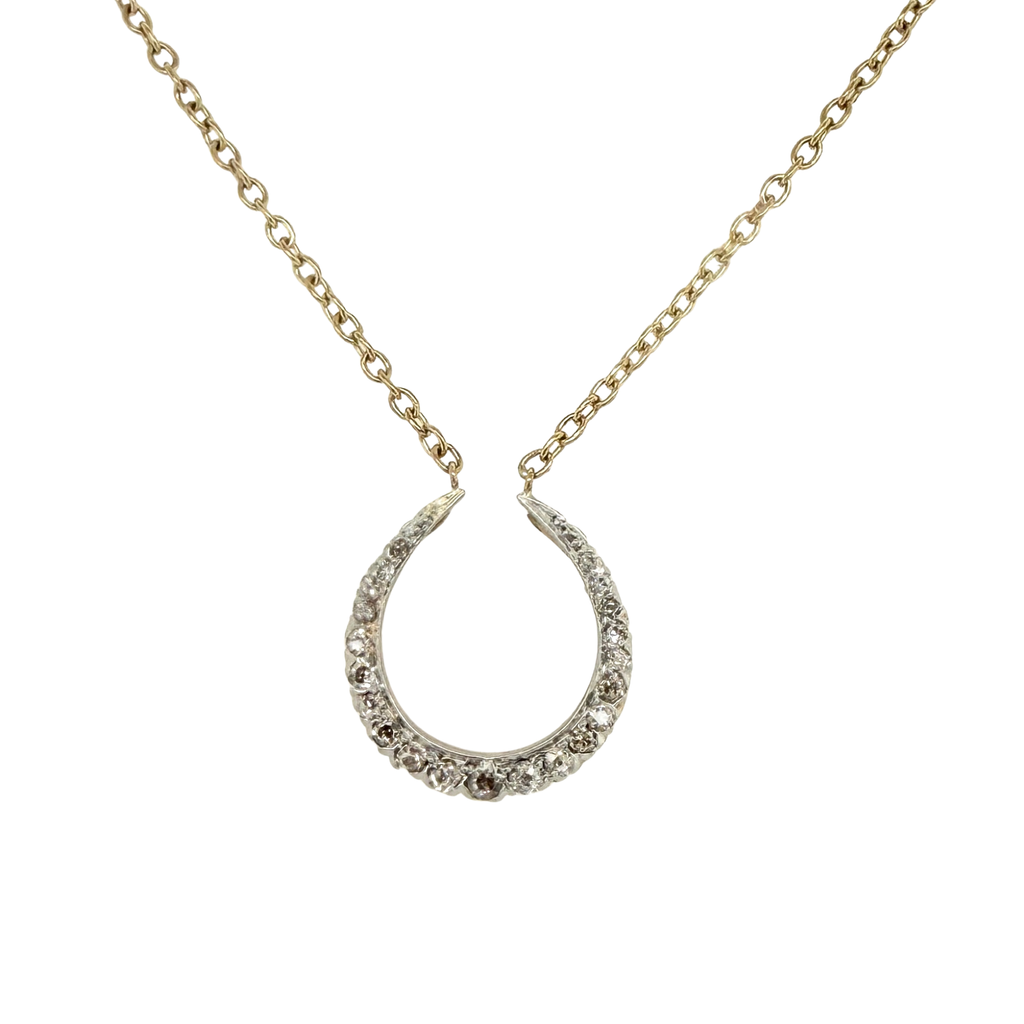 Antique 14K gold diamond horseshoe pendant necklace