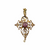 Full front view of an elaborate gold pendant with pearls and a round amethyst stone in the center.
