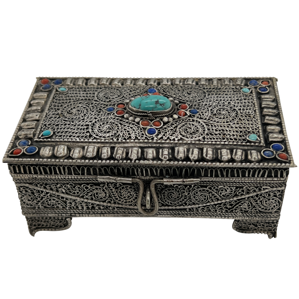 Antique Silver Filigree Box With Turquoise Coral and Lapis