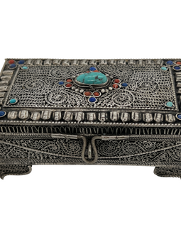 Antique Silver Filigree Box With Turquoise Coral and Lapis