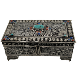 Antique Silver Filigree Box With Turquoise Coral and Lapis