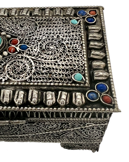Closeup of Antique Silver Filigree Box With Turquoise Coral and Lapis