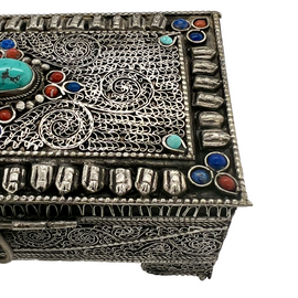 Closeup of Antique Silver Filigree Box With Turquoise Coral and Lapis
