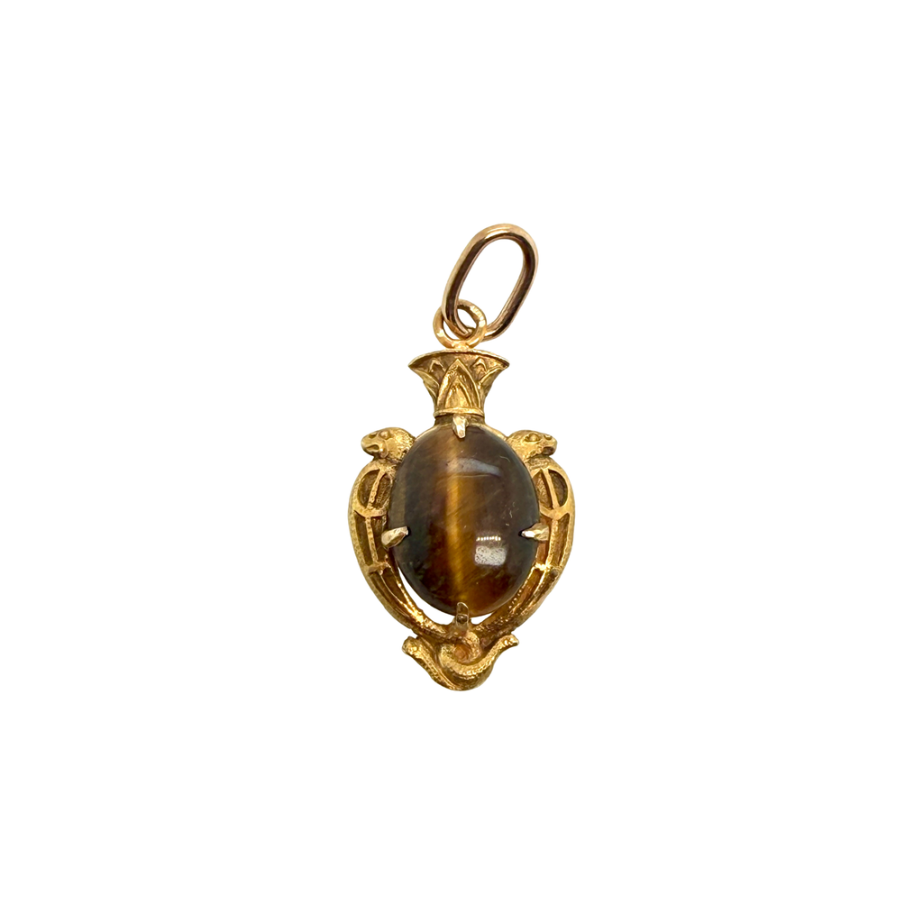 Antique Victorian 14K gold pendant with oval Tiger’s Eye cabochon and snake motif