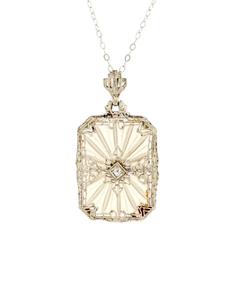 Art Deco White Gold Rock Crystal Filigree Pendant on Chain