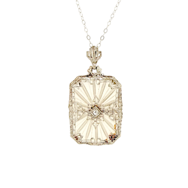 Art Deco White Gold Rock Crystal Filigree Pendant on Chain