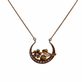 Art Nouveau Repurposed 14K Gold Seed Pearl Crescent Necklace closeup view of pendent