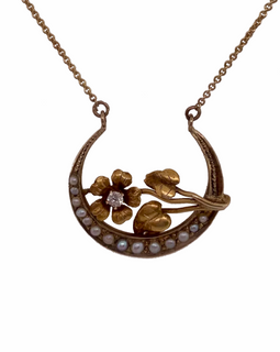 Art Nouveau Repurposed 14K Gold Seed Pearl Crescent Necklace closer view of pendent