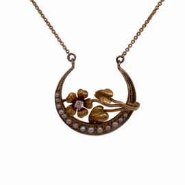 Art Nouveau Repurposed 14K Gold Seed Pearl Crescent Necklace closer view of pendent