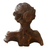 Back view of the carved wood bust showing the hair gathered in a bun, with age wear and old worm holes
