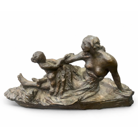 Bronze Czech Modernist mother and child sculpture by Vincenc Makovsky