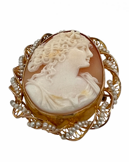 Victorian 10K Gold Carved Cameo With Seed Pearl Twisted Bezel
