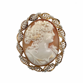 Victorian 10K Gold Carved Cameo With Seed Pearl Twisted Bezel