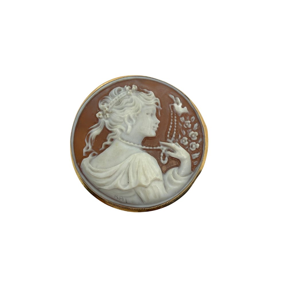 Antique 18K Gold Cameo Pendant Woman With Pearls And Bird